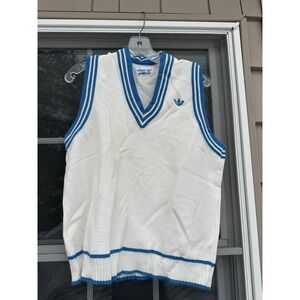 Adidas 70s Vintage Tennis Vest Mens White Blue V Neck Cotton Knit Sport Large